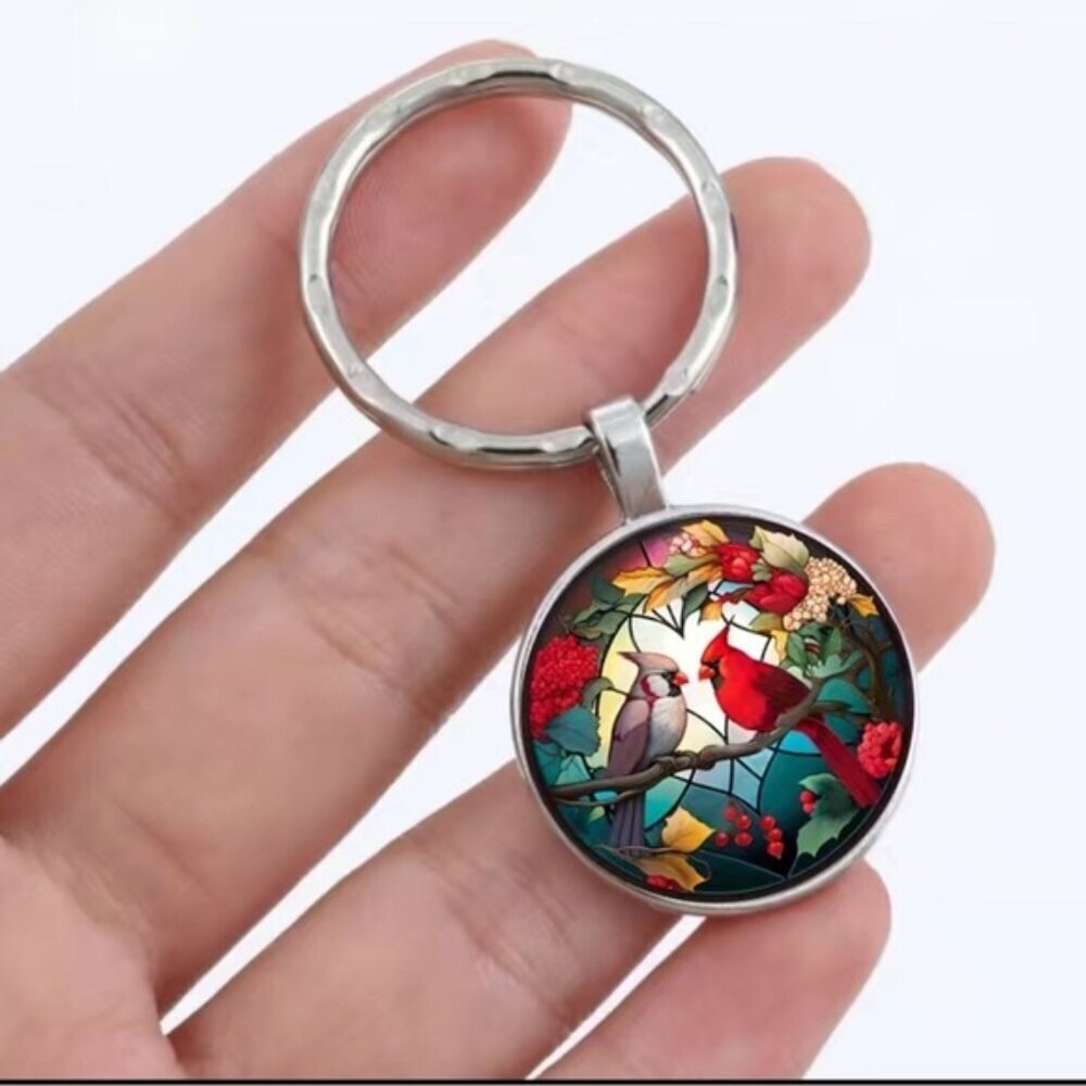 Cardinal Keychain Stained Glass Birds Motif Keyring Pendant Floral Multipurpose - Picture 4 of 15